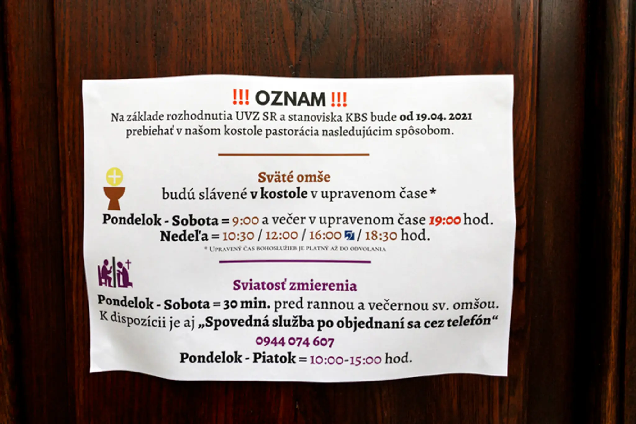 Oznam o konaní omší v Bratislave.
