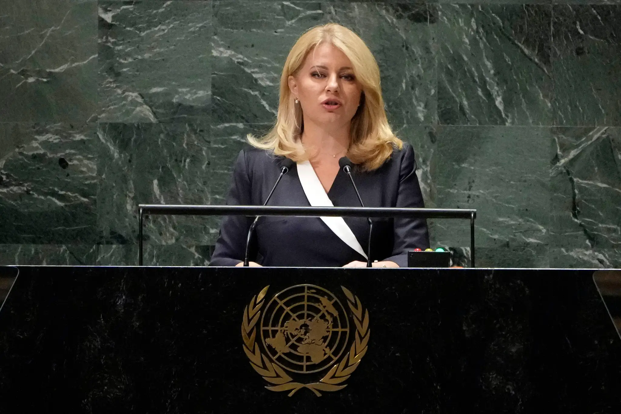 Na snímke prezidentka Zuzana Čaputová počas prejavu v OSN.