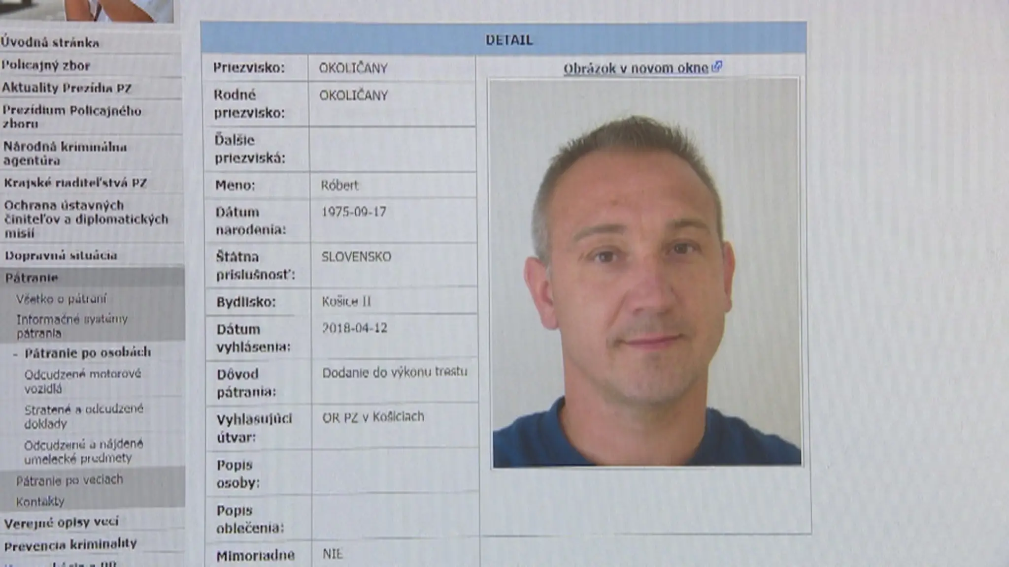 Pátranie po Róbertovi Okoličánymu.