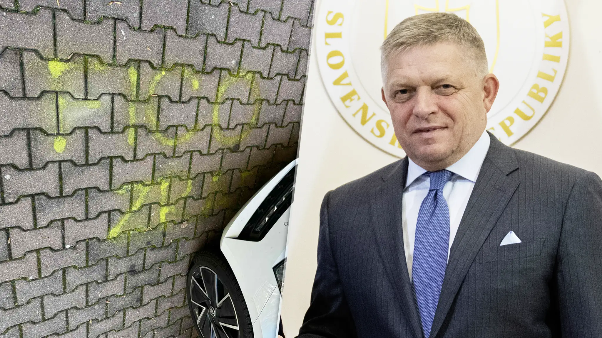 Nápis na zemi pred popradskou školou a premiér Robert Fico (koláž)