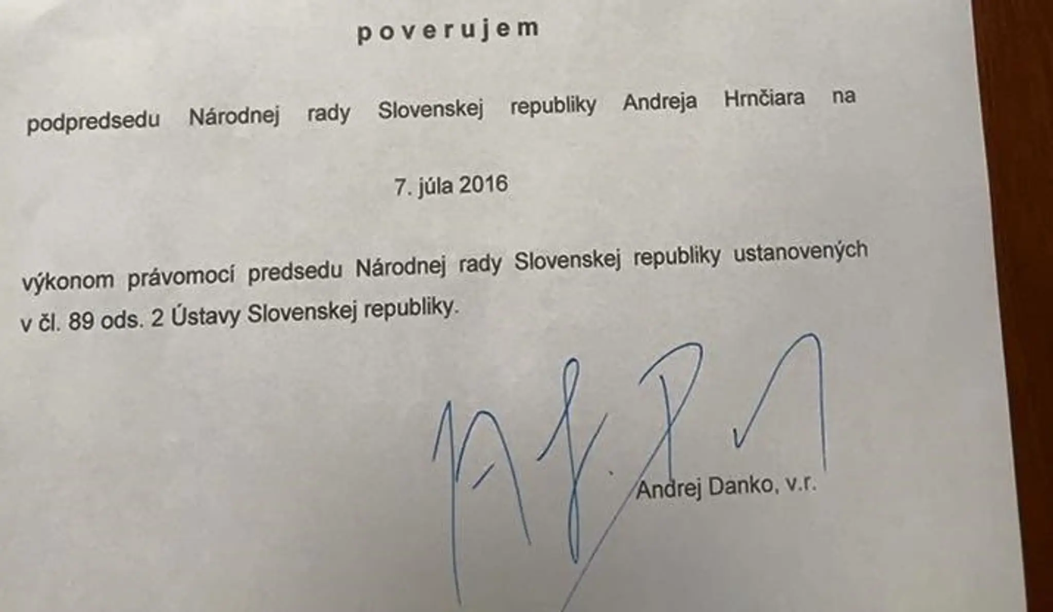 Poverenie Andreja Hrnčiara viesť schôdzu NR SR