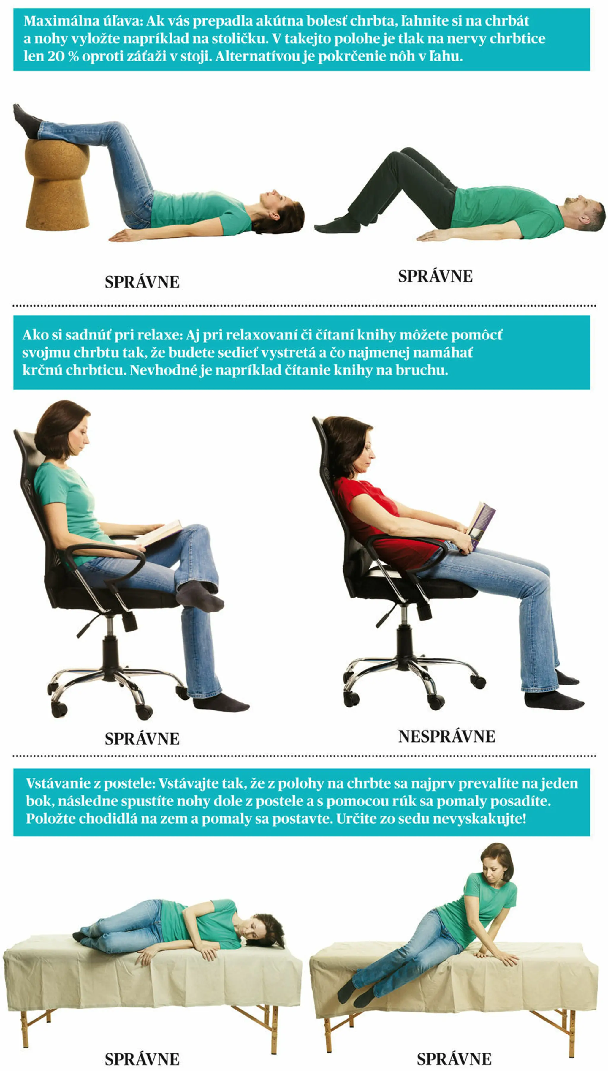 Vstávanie zpostele a sedenie pri čítaní knihy.