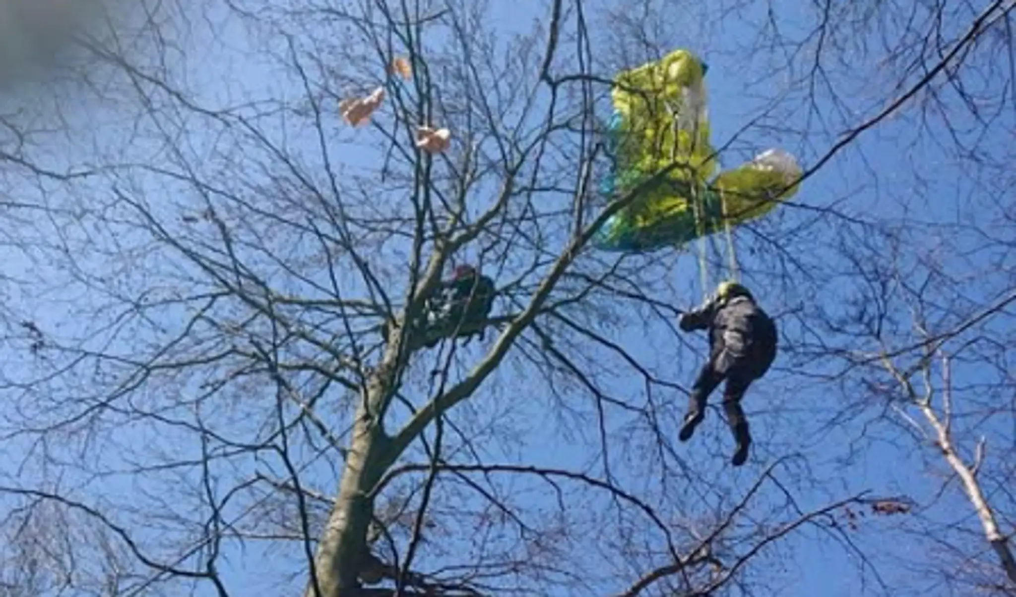 Na snímke paraglajdista, ktorý uviazol na strome v Dolnej Súči.