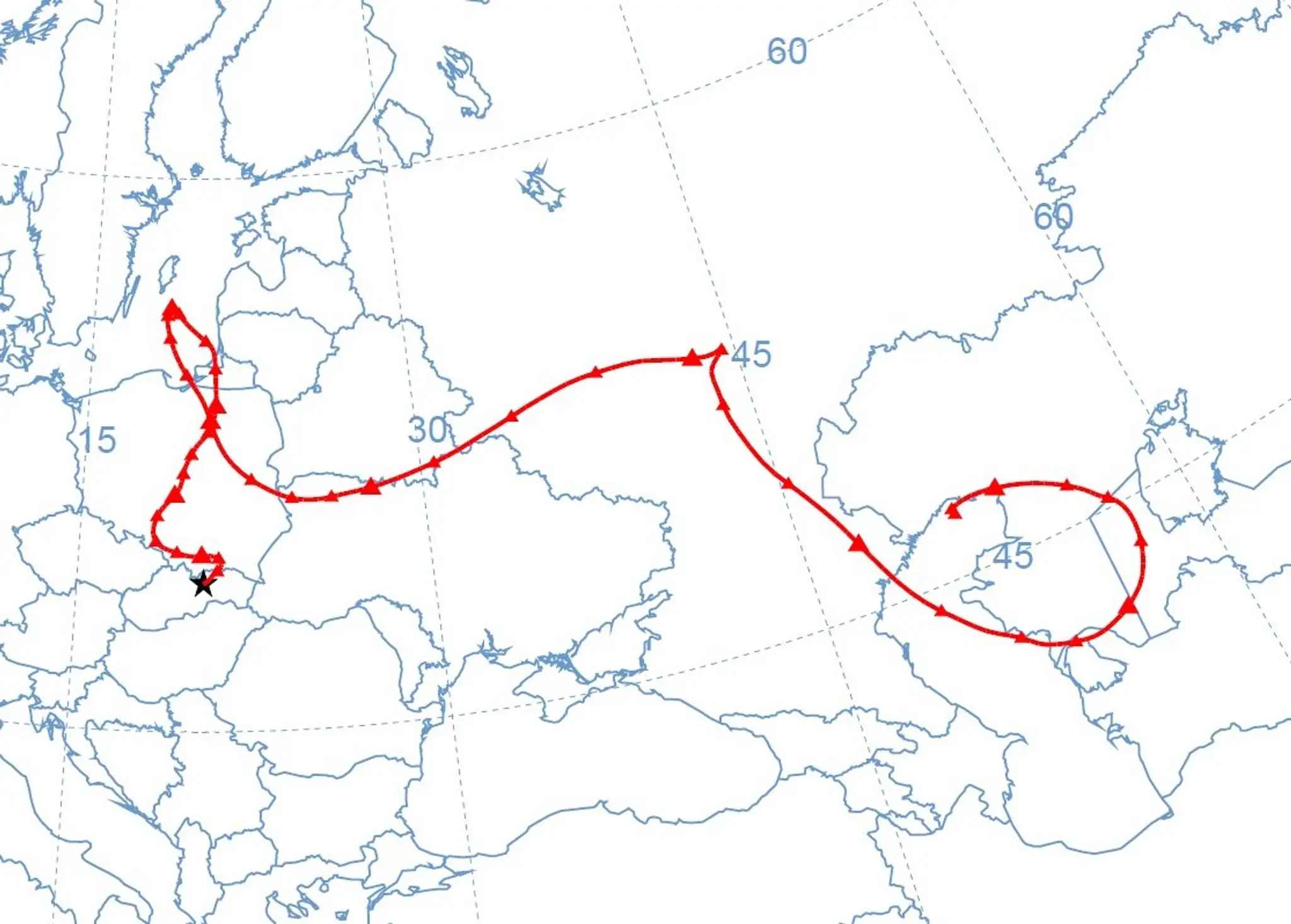 Spätná trajektória prúdenia vzduchu pre lokalitu Poprad-Gánovce z výšky 200 m nad terénom v čase 18:00 UTC