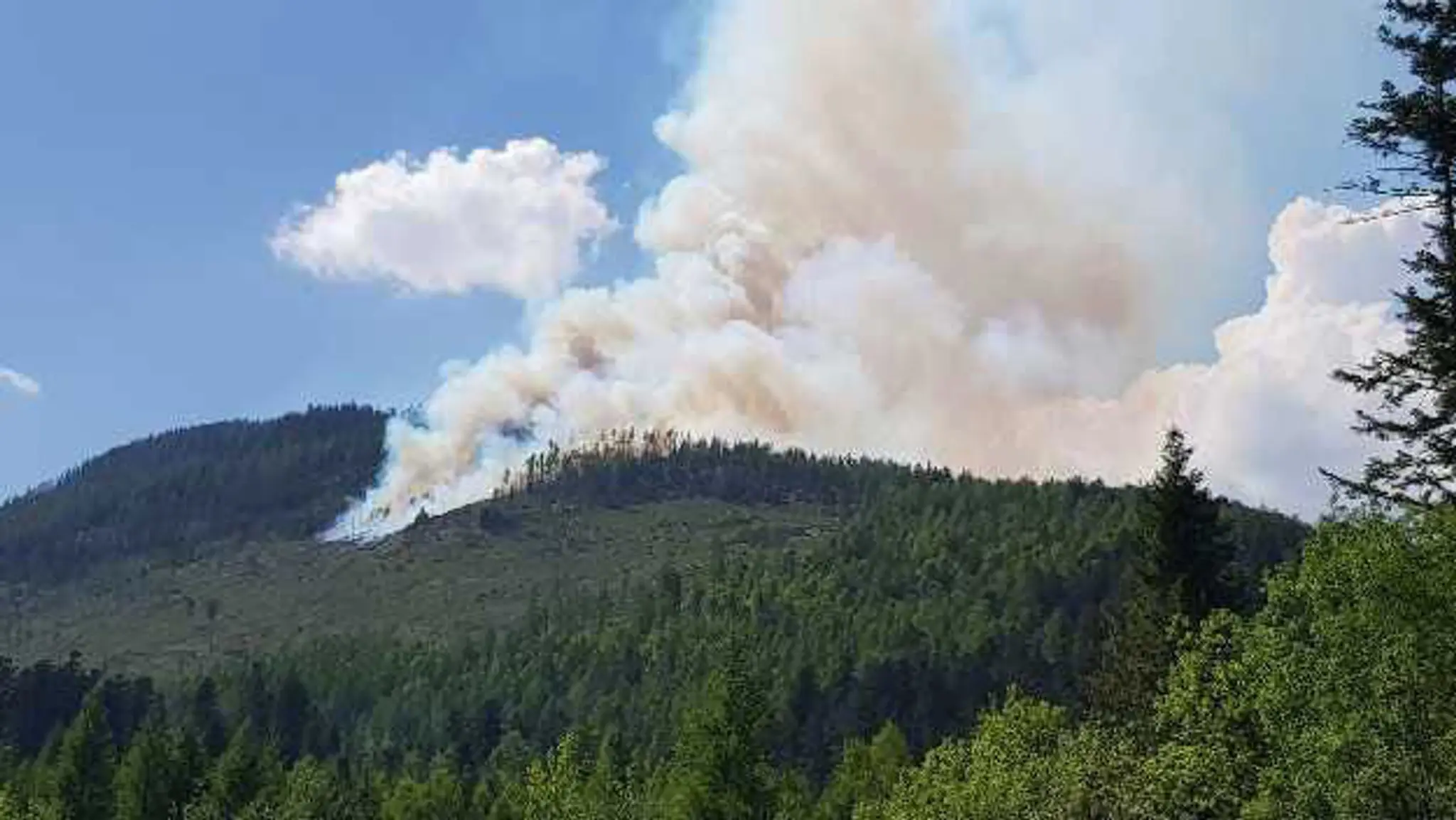 Pohľad na horiaci les v masíve Stežky na rozhraní Vysokých a Belianskych Tatier.