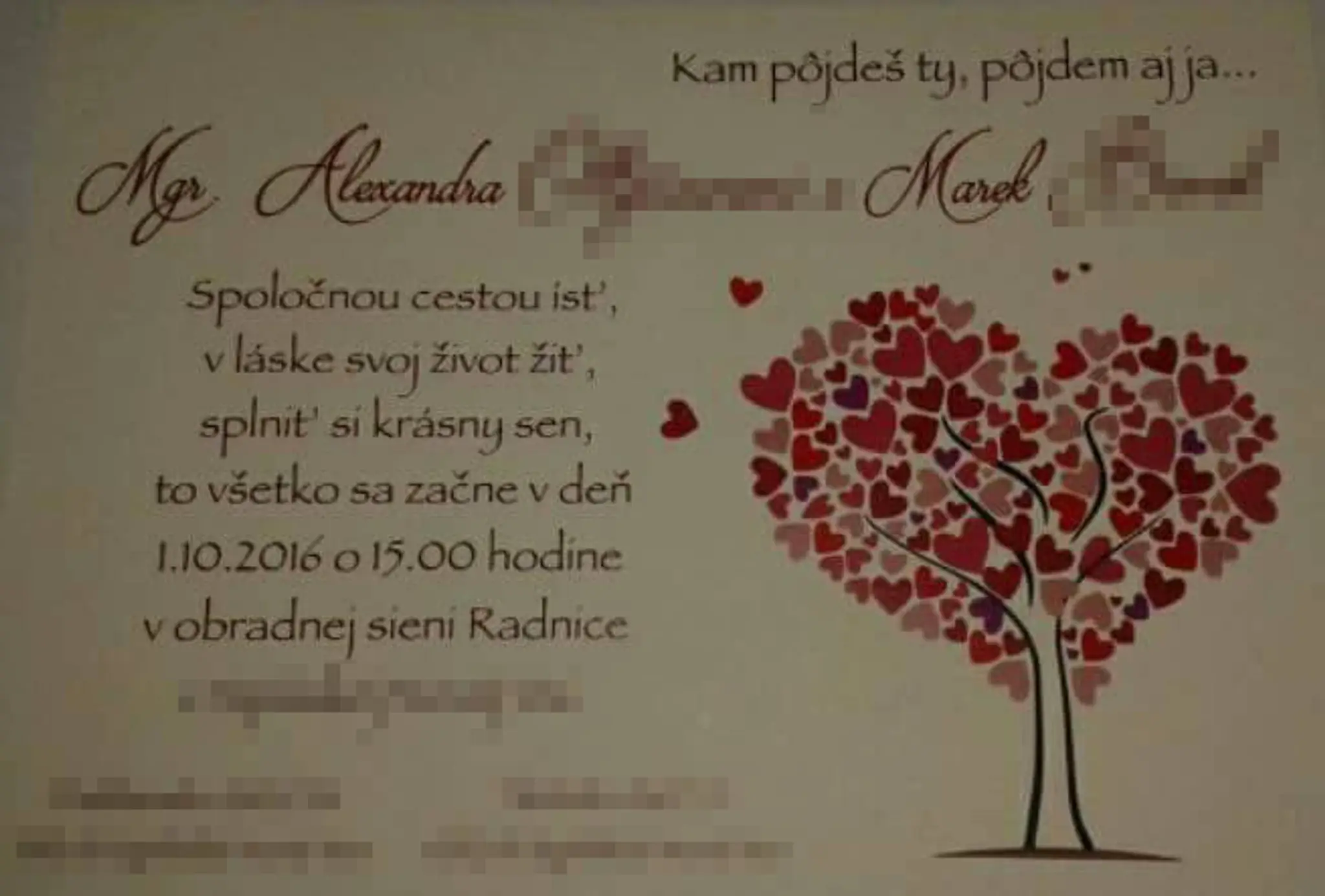 Svadobné oznámenie zosnulej Alexandry a policajta Mareka.