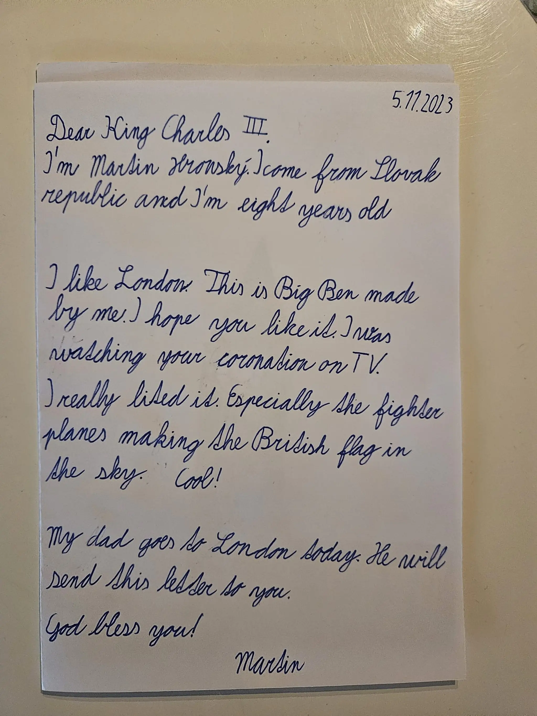 Martinkov list pre britského panovníka.