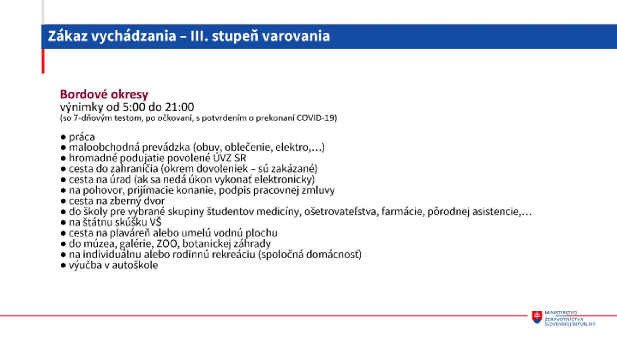 Zákaz vychádzania - výnimky pre III. stupeň varovania od 3. mája.
