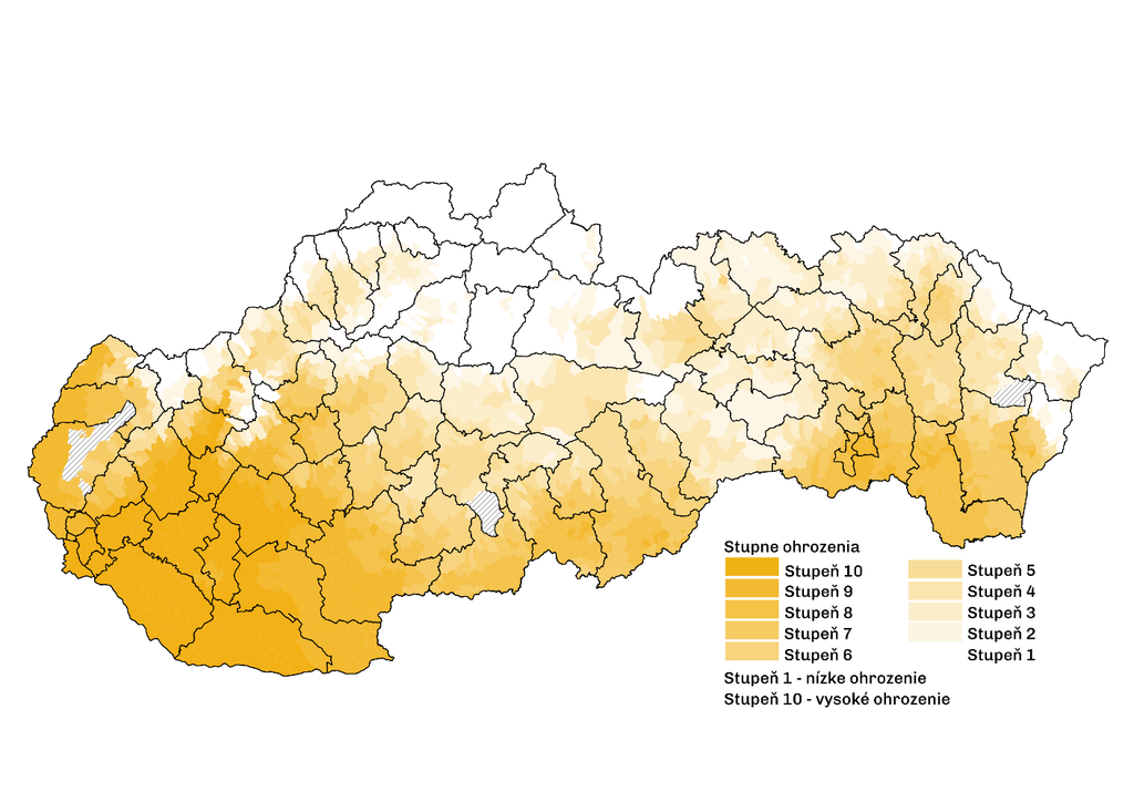 Mapa Slovenska podľa ohrozenia extrémnym suchom.