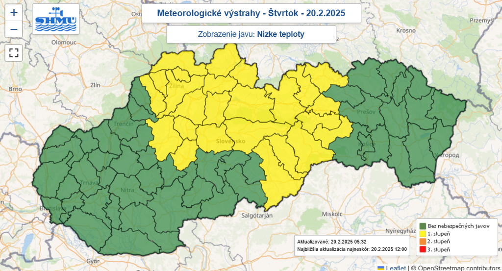 Na snímke mapa výstrah pred nízkymi teplotami.