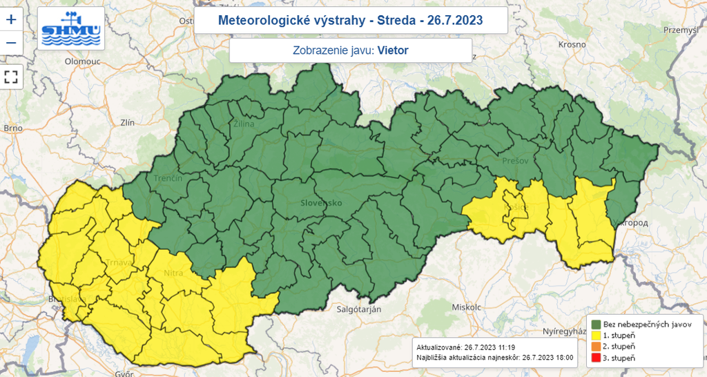 Mapa výstrah pred vetrom.