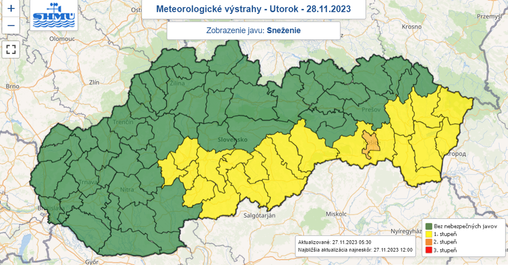 Mapa výstrah pred snežením.