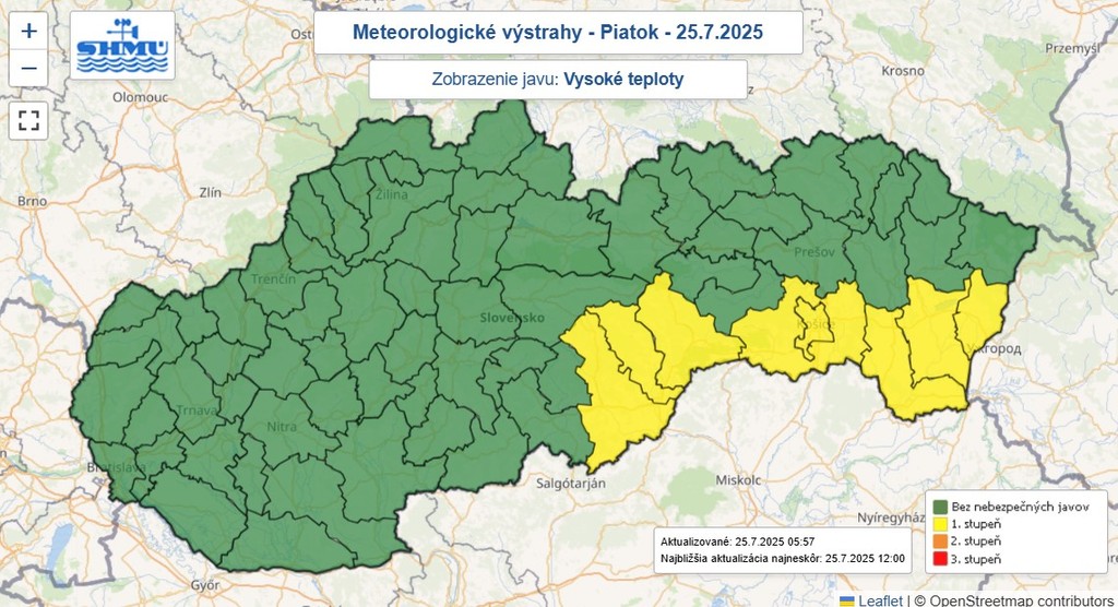 Mapa výstrah SHMÚ pred vysokými teplotami v niektorých južných okresoch.