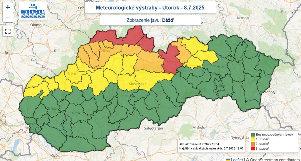 Mapa výstrah pred nebezpečnými búrkami.