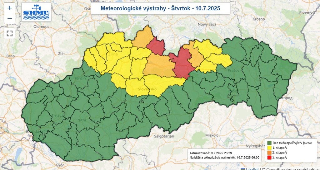 Mapa výstrah pre silným dažďom.