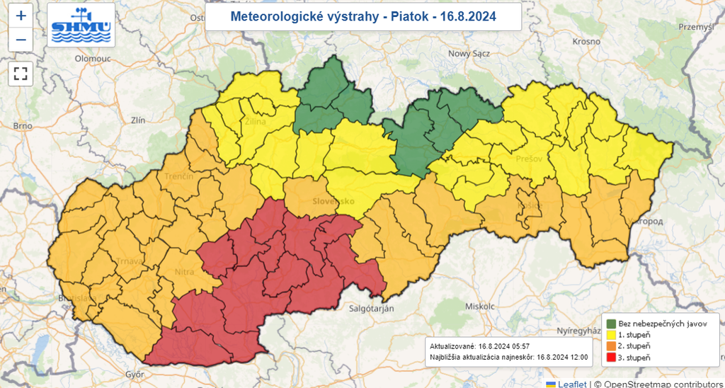 Mapa výstrah pred vysokými teplotami.