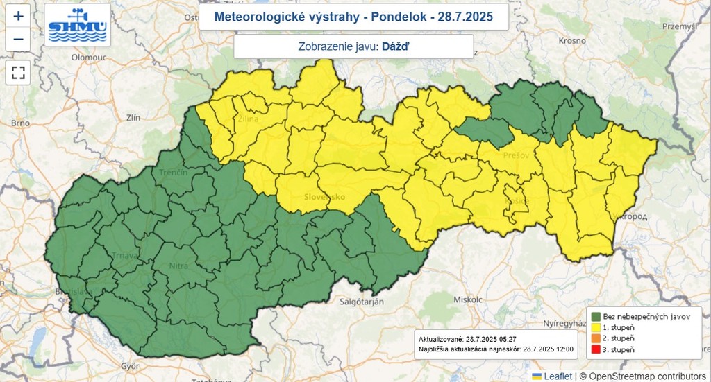 Mapa výstrah SHMÚ pred dažďom.