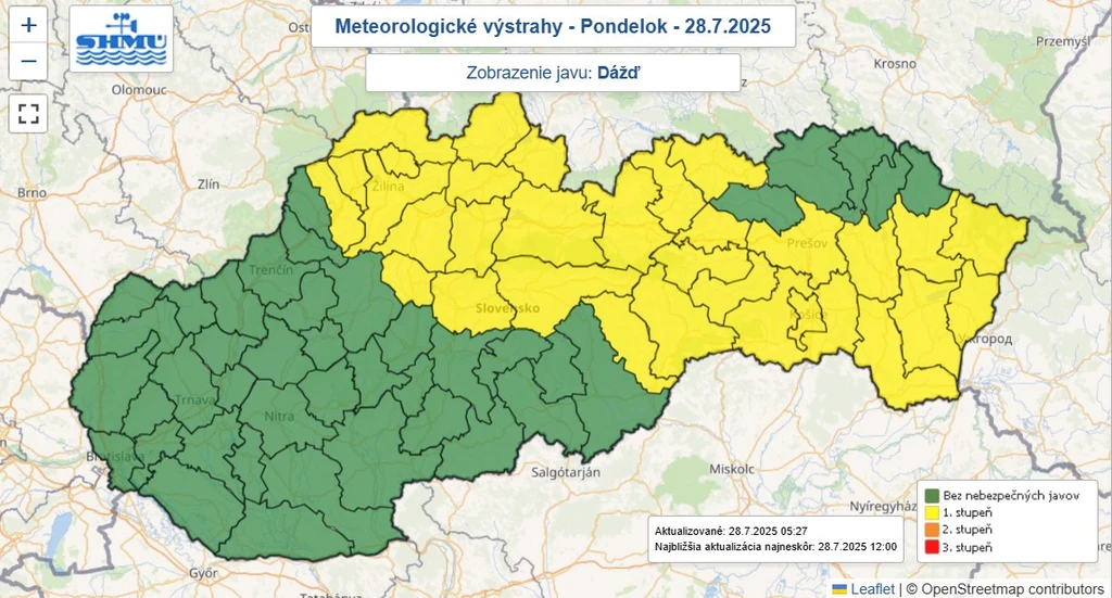Mapa výstrah SHMÚ pred dažďom.