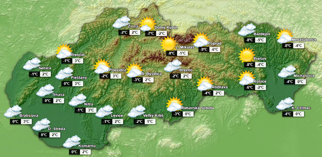 Predpoveď na nedeľu (Údaje v piatok o 14.00 h)