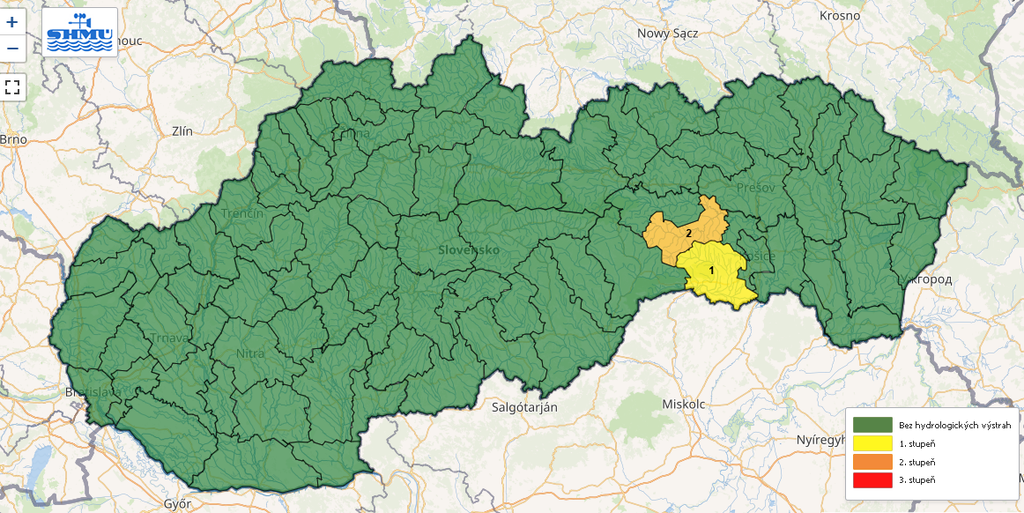 Na snímke mapa výstrah pred povodňami.