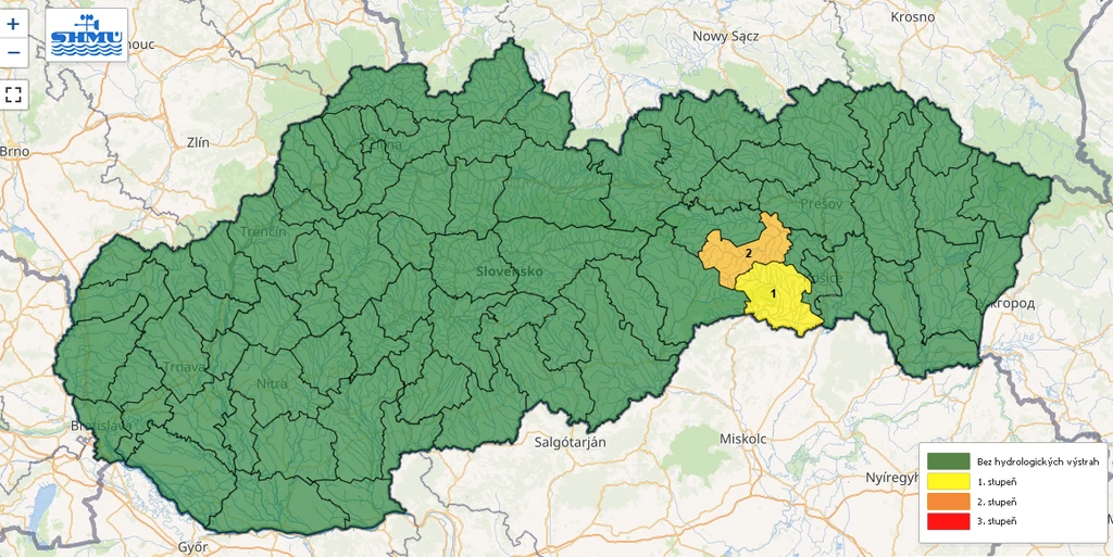 Na snímke mapa výstrah pred povodňami.