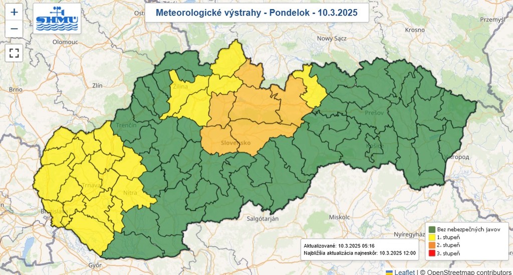 Mapa výstrah pred vetrom.