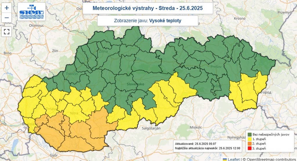 Na snímke mapa výstrah pred vysokými teplotami.