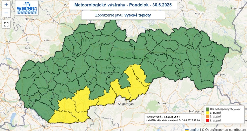 Mapa výstrah SHMÚ pred vysokými teplotami.