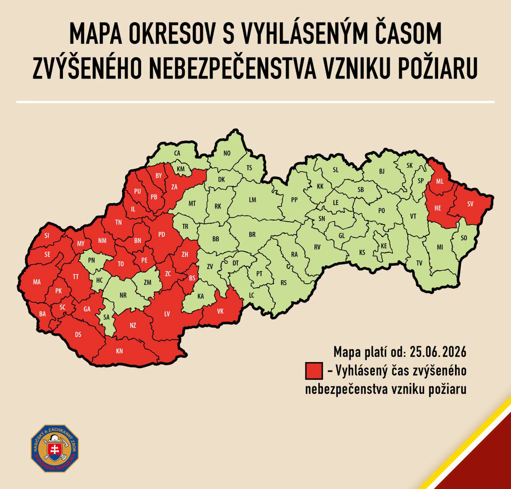 Na snímke mapa s vyhláseným časom zvýšeného nebezpečenstva vzniku požiarov.