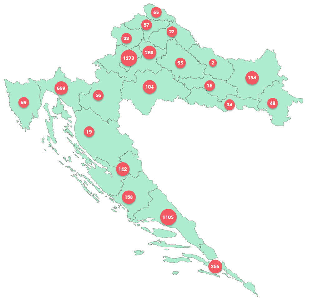 Mapa počtu prípadov v chorvátskych regiónoch