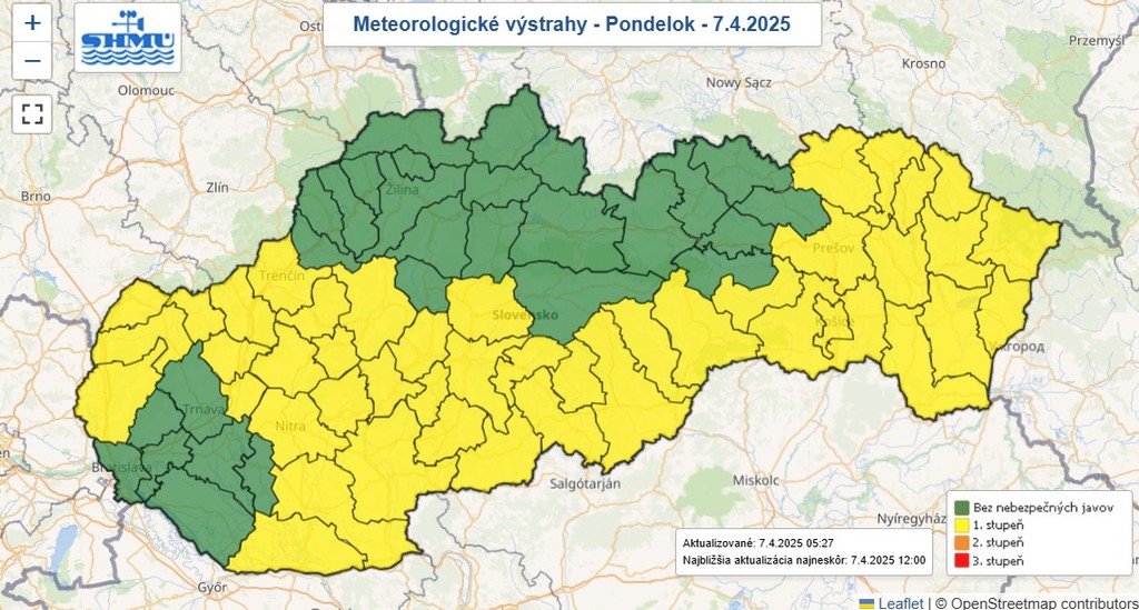 Mapa výstrah SHMÚ pred nízkymi teplotami.