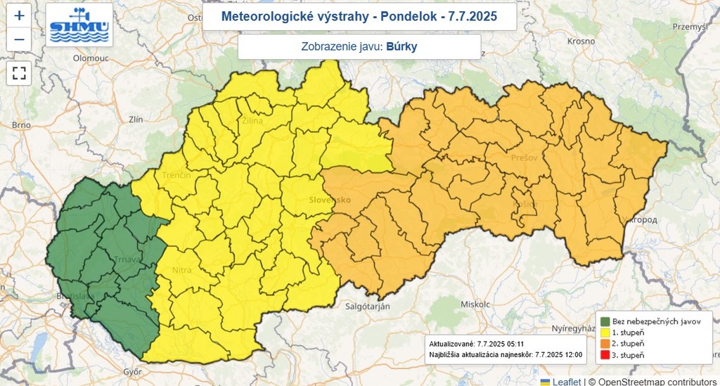 Mapa výstrah SHMÚ pred búrkami.
