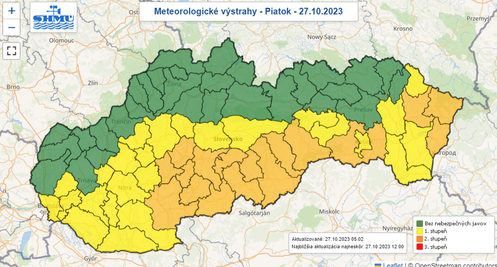 Mapa výstrah pred dažďom.