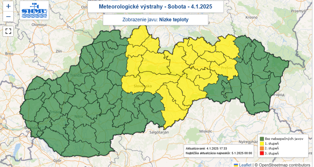 Na snímke mapa výstrah pred nízkymi teplotami.