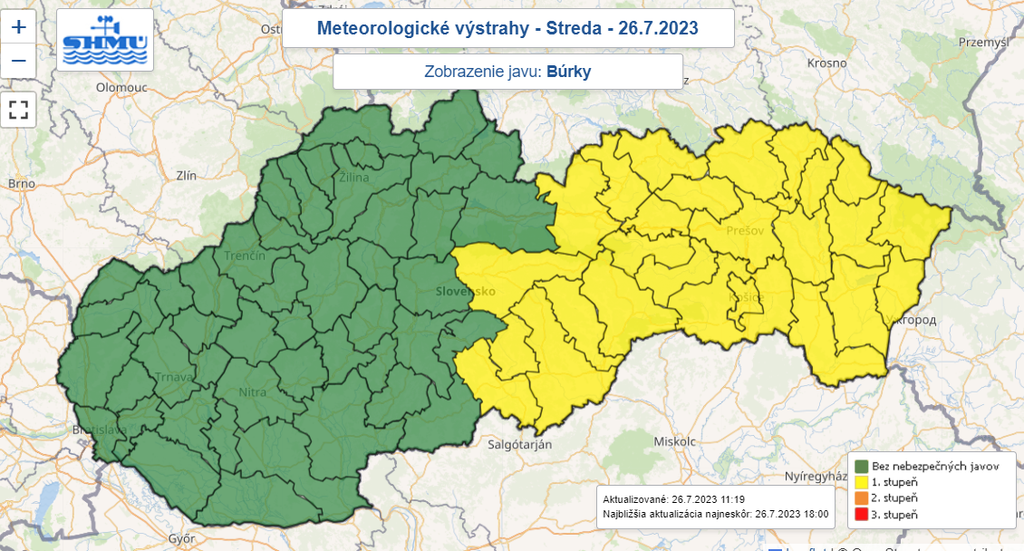 Mapa výstrah pred búrkami.