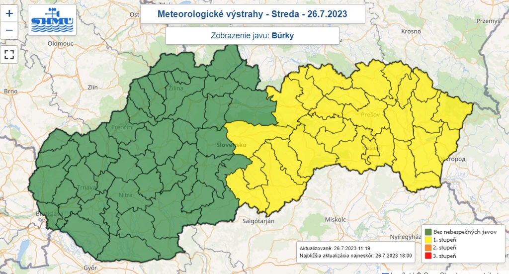 Mapa výstrah pred búrkami.