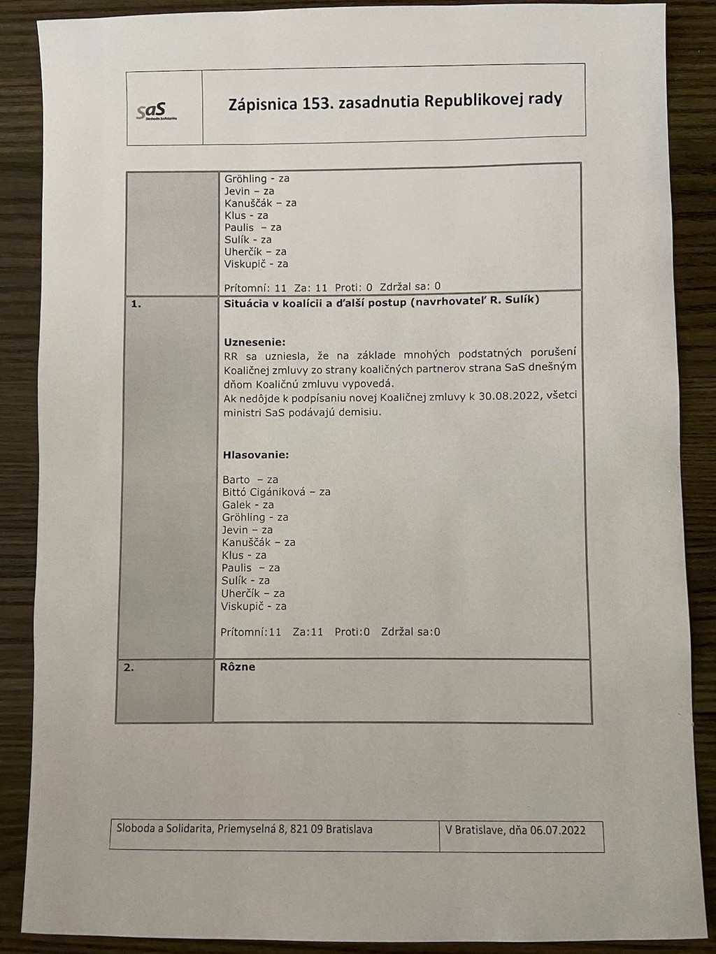 Zápisnica 153. zasadnutia Republikovej rady SaS