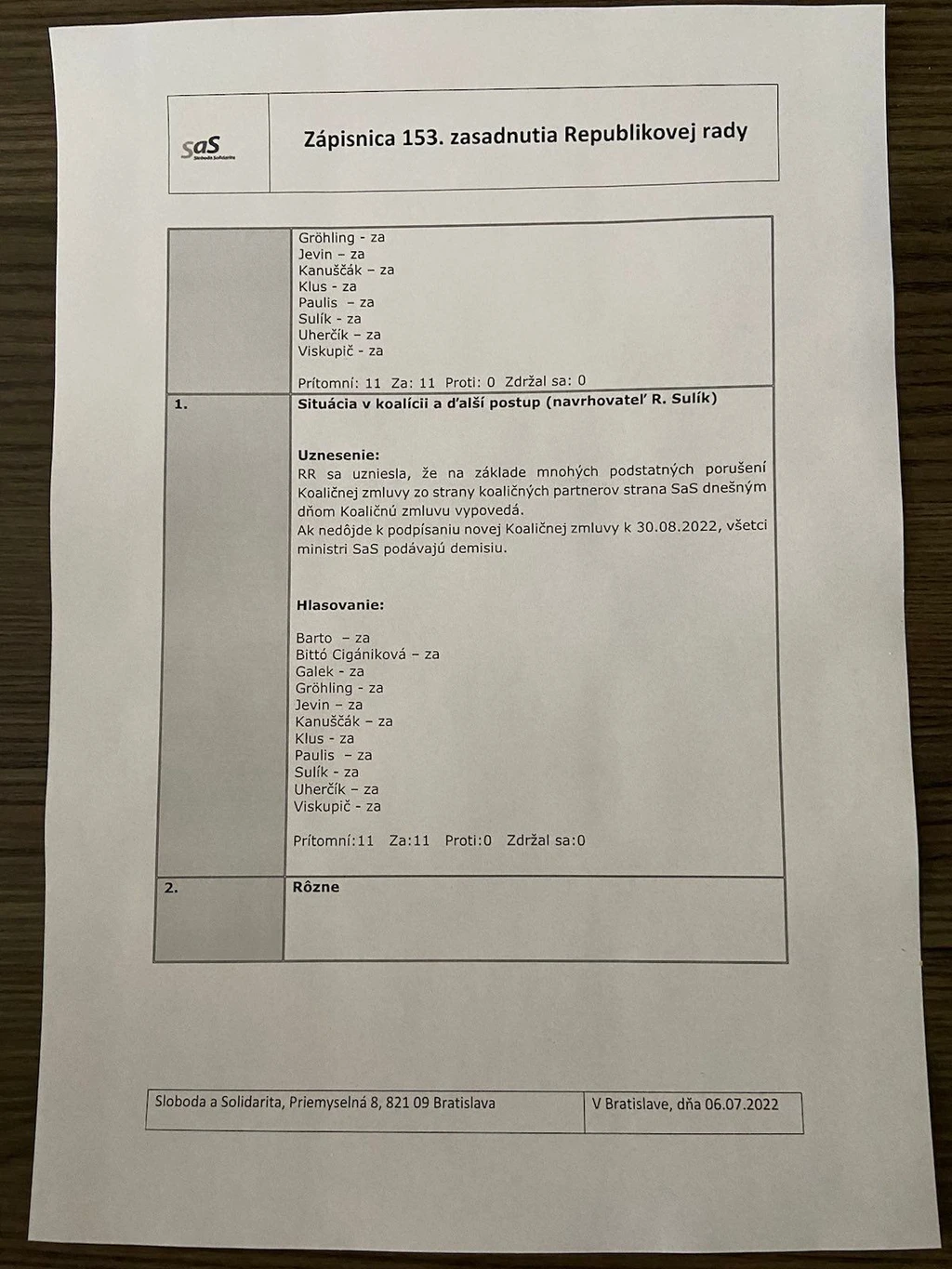 Zápisnica 153. zasadnutia Republikovej rady SaS