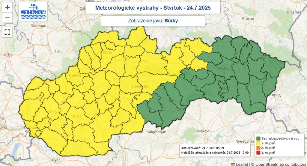 Mapa výstrah pred búrkami.