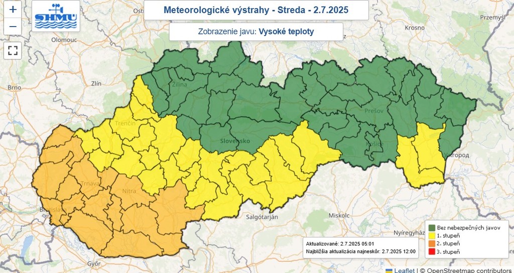 Mapa výstrah pred vysokými teplotami.