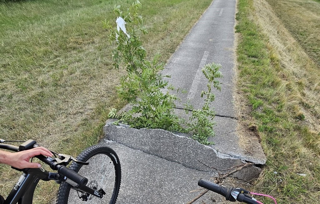 Obrovská prasklina uprostred cyklochodníka. 