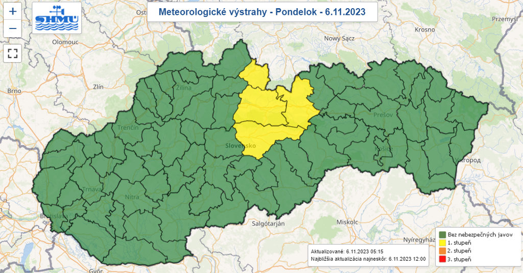 Mapa výstrah pred vetrom.