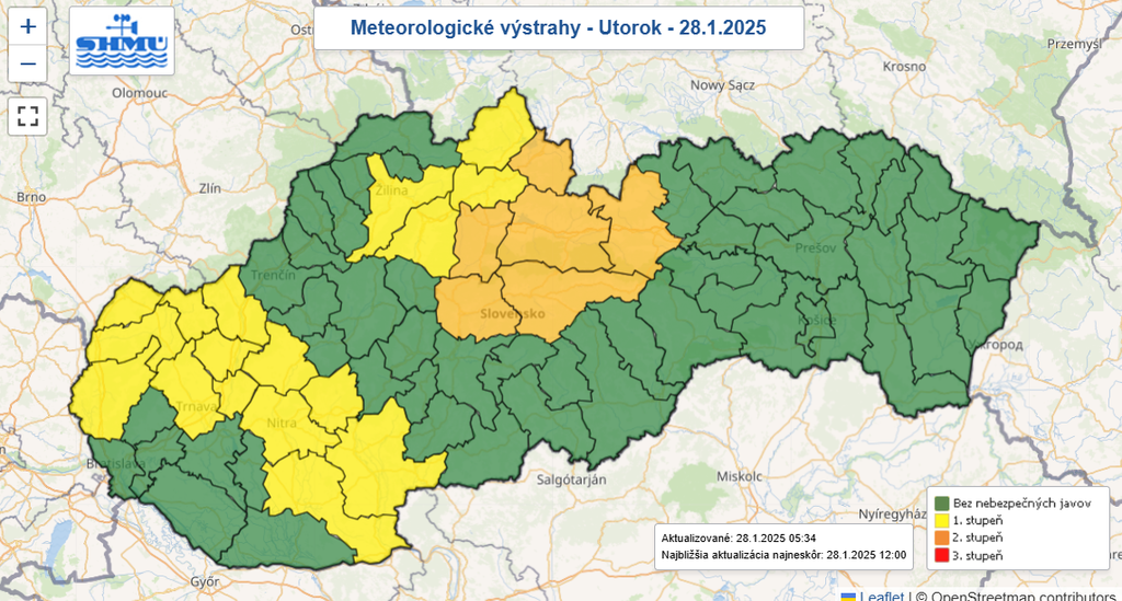 Na snímke mapa výstrah pred silným vetrom.