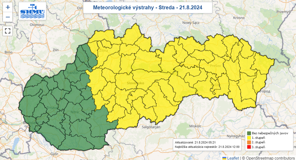 Mapa výstrah pred búrkami a vysokými teplotami.