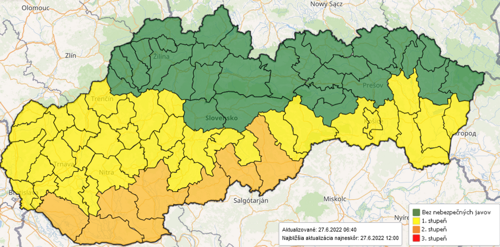 Výstraha 2. stupňa platí pre desať okresov.