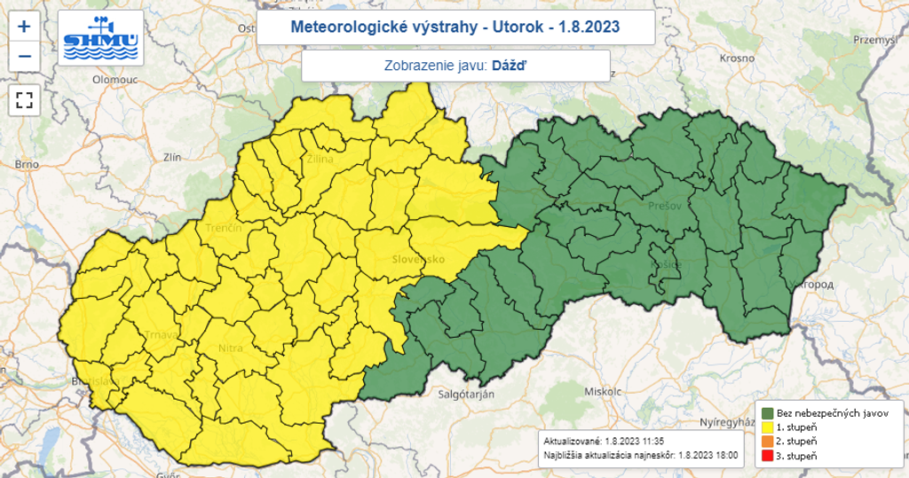 Mapa výstrah pred búrkami.