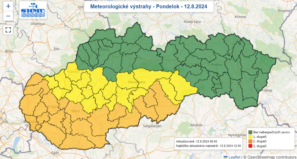 Mapa výstrah pred vysokými teplotami.