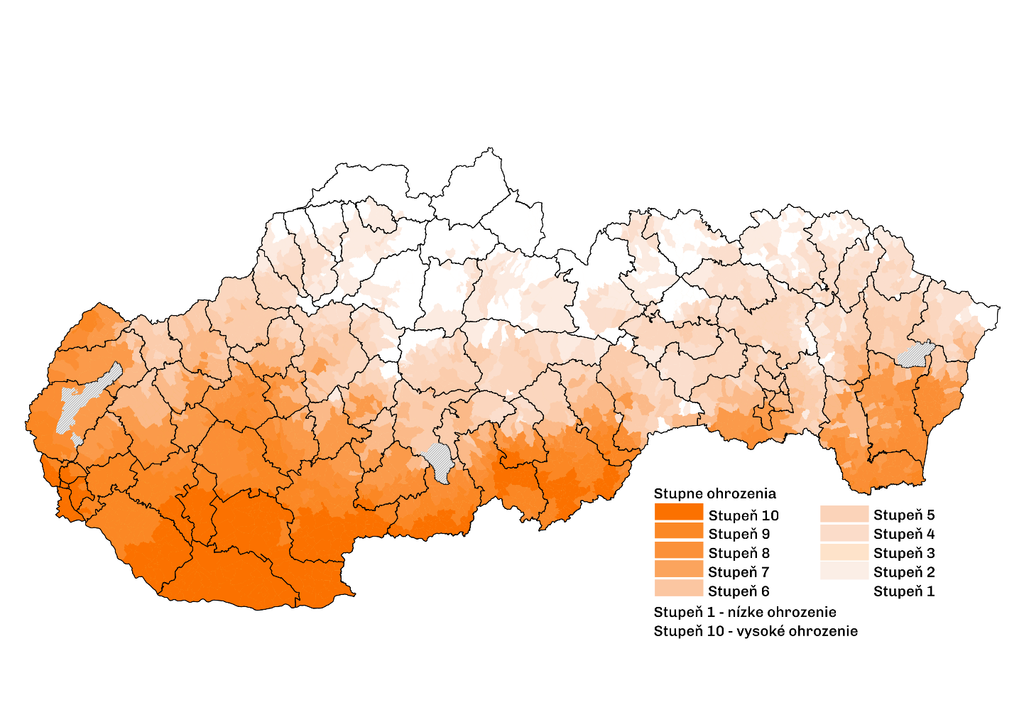 Mapa Slovenska podľa ohrozenia extrémnymi horúčavami.