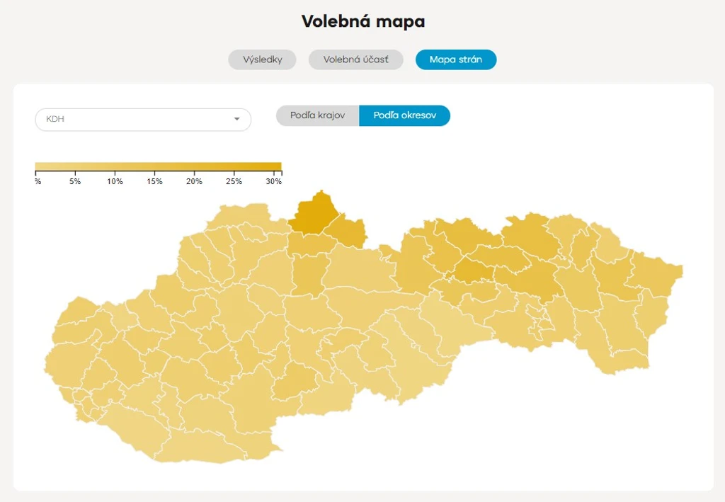 Výsledky strany KDH v jednotlivých okresoch