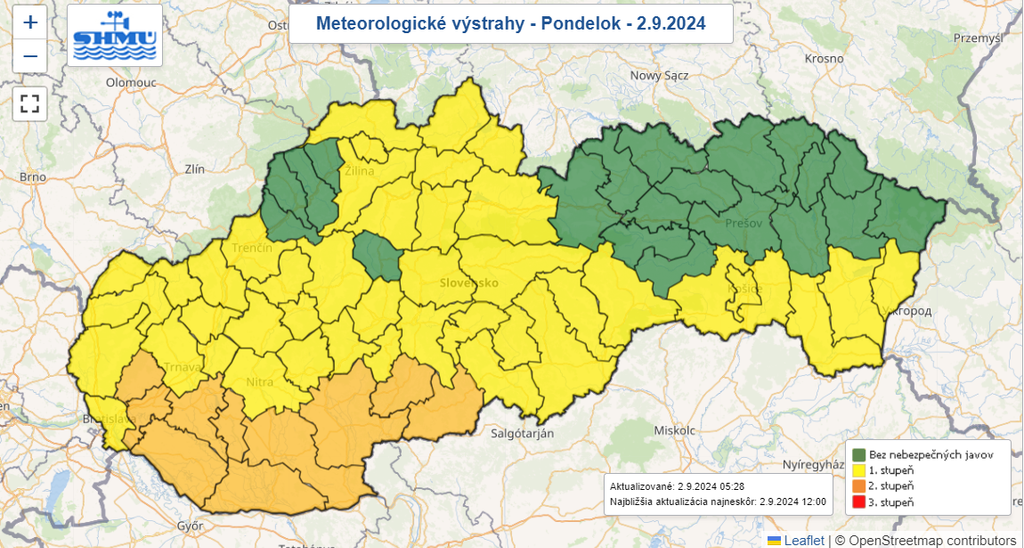 Mapa výstrah pred vysokými teplotami.